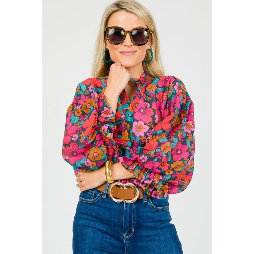 Hausen Floral Print Ruffle Collar Balloon Sleeve Button Front Blouse Small